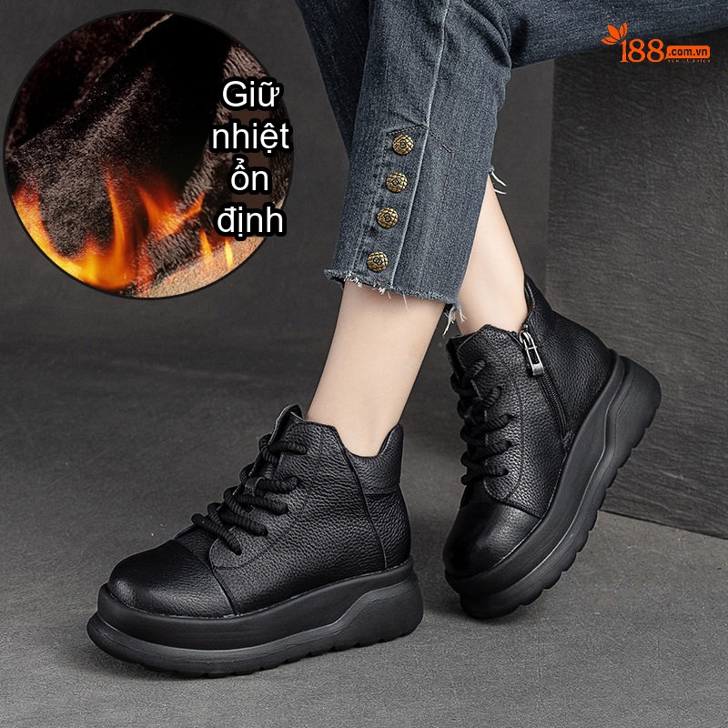 Boot Nữ Cổ Ngắn Đế Dày Chiều Cao Đế Khoảng 5cm Khóa Kéo Bên Hông Lót Lông Giữ Ấm Màu Đen, Nâu