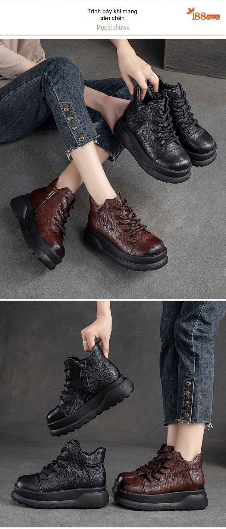 Boot Nữ Cổ Ngắn Đế Dày Chiều Cao Đế Khoảng 5cm Khóa Kéo Bên Hông Lót Lông Giữ Ấm Màu Đen, Nâu chi tiết 8