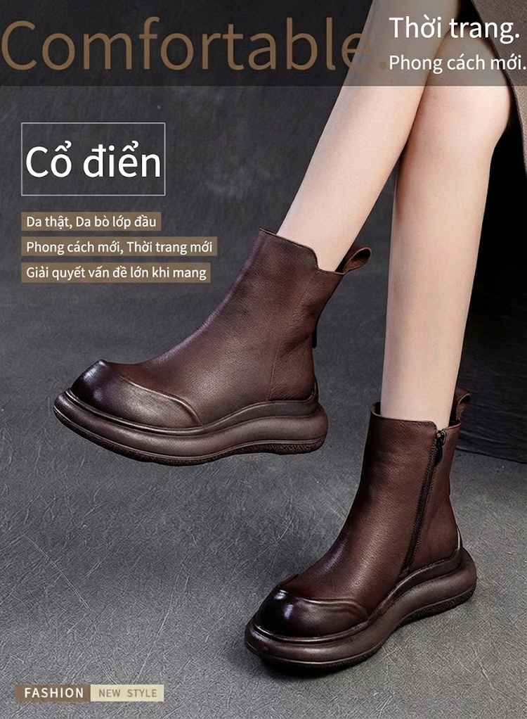 Boot Nữ Cổ Ngắn Đế Dày Phong Cách Retro Chiều Cao Đế Khoảng 5cm Màu Đen, Nâu chi tiết 1
