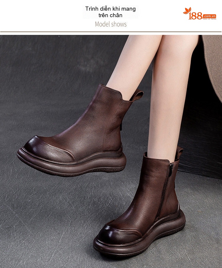 Boot Nữ Cổ Ngắn Đế Dày Phong Cách Retro Chiều Cao Đế Khoảng 5cm Màu Đen, Nâu chi tiết 8