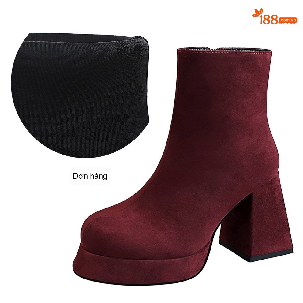 Boot Nữ Cổ Ngắn Đế Vuông Nỉ Chiều Cao Đế Khoảng 8cm Màu Đen, Nâu, Đỏ Rượu