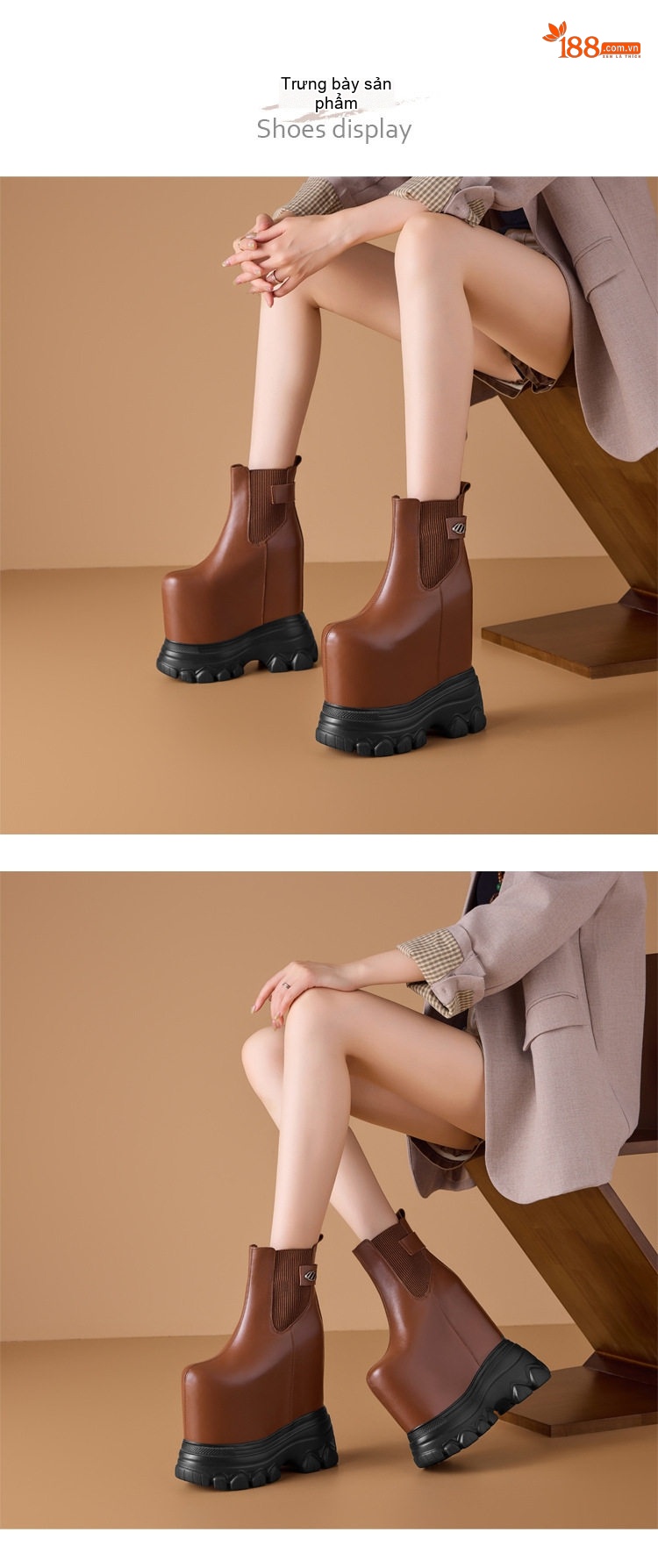 Boot Nữ Cổ Ngắn Đế Xuồng Cao 20cm Da Bóng Chống Nước Phong Cách Thời Trang Màu Đen, Nâu chi tiết 1