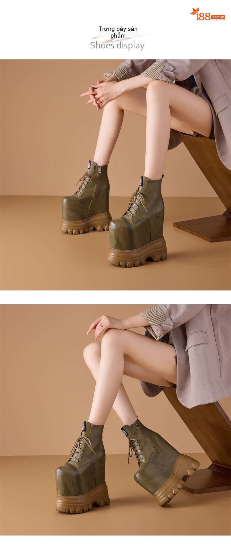 Boot Nữ Cổ Ngắn Đế Xuồng Dây Buộc Chiều Cao Đế Khoảng 20cm Màu Đen, Xanh Olive chi tiết 1