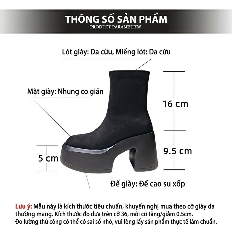 Boot Nữ Cổ Ngắn Đế Xuồng Nỉ Co Giãn Chiều Cao Đế 9.5cm Màu Đen