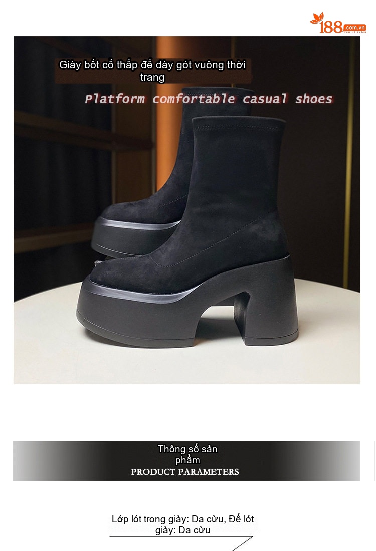 Boot Nữ Cổ Ngắn Đế Xuồng Nỉ Co Giãn Chiều Cao Đế 9.5cm Màu Đen chi tiết 1
