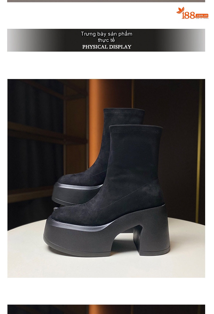 Boot Nữ Cổ Ngắn Đế Xuồng Nỉ Co Giãn Chiều Cao Đế 9.5cm Màu Đen chi tiết 6