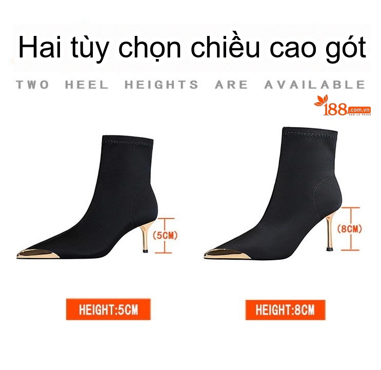 Boot Nữ Cổ Ngắn Gót Nhọn 5cm Bề Mặt Lụa Satin Mũi Kim Loại Màu Đen chi tiết 2