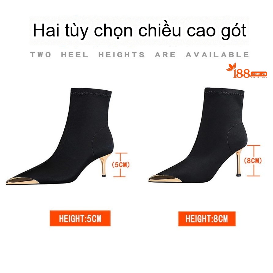 Boot Nữ Cổ Ngắn Gót Nhọn 5cm Bề Mặt Lụa Satin Mũi Kim Loại Màu Đen