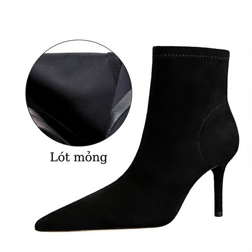 Boot Nữ Cổ Ngắn Gót Nhọn Nỉ Chiều Cao Đế Khoảng 7cm Màu Đen