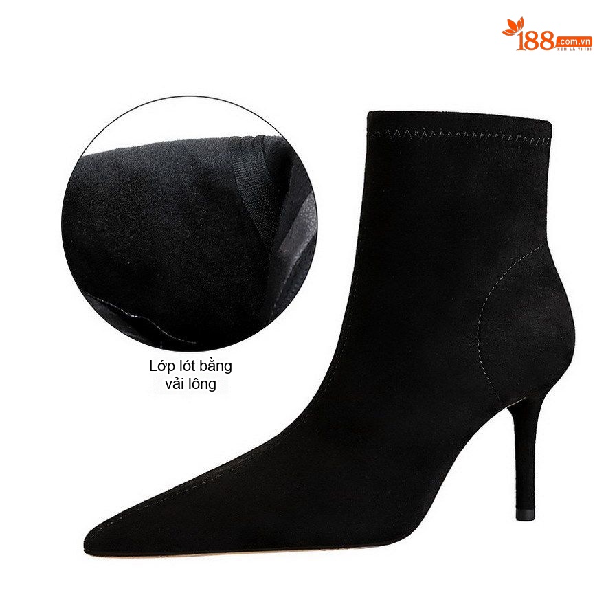 Boot Nữ Cổ Ngắn Gót Nhọn Nỉ Chiều Cao Đế Khoảng 7cm Màu Đen