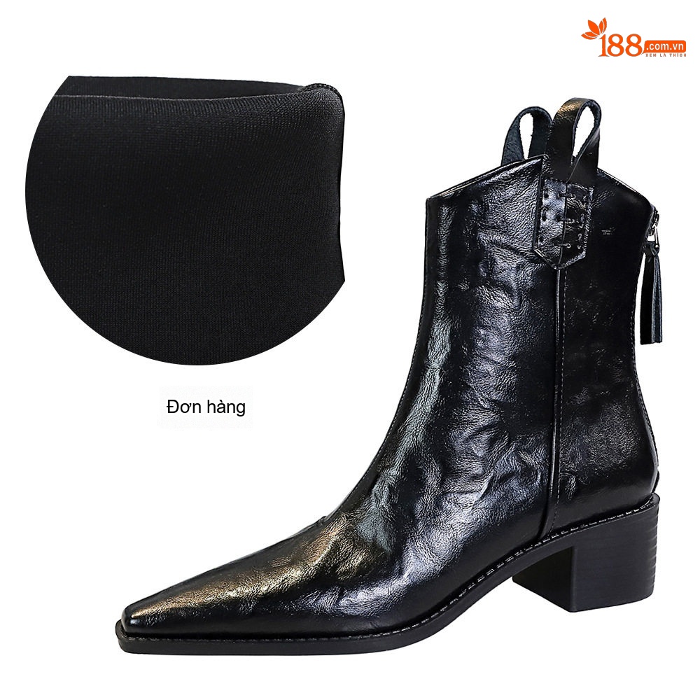 Boot Nữ Cổ Ngắn Gót Vuông Da Bóng Mũi Nhọn Phong Cách Âu Mỹ Chiều Cao Đế Khoảng 5cm Màu Đen, Nâu