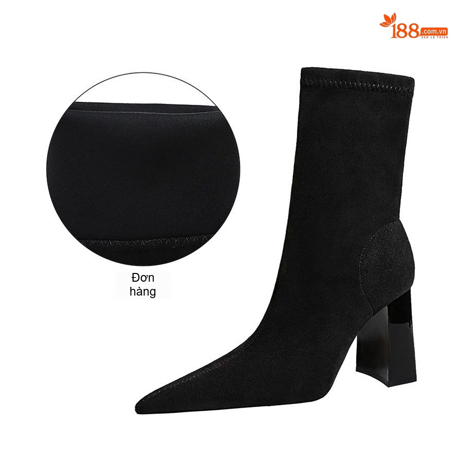 Boot Nữ Cổ Ngắn Gót Vuông Nỉ Mũi Nhọn Chiều Cao Đế Khoảng 8cm Màu Đen