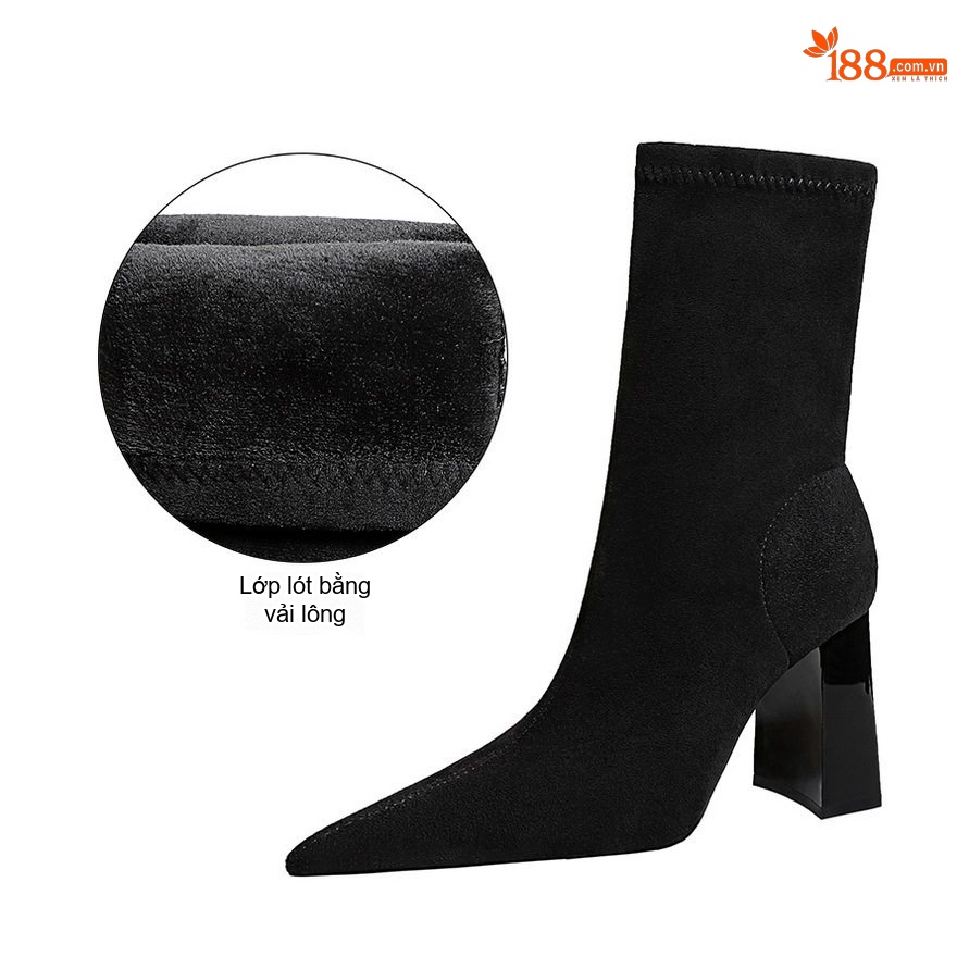 Boot Nữ Cổ Ngắn Gót Vuông Nỉ Mũi Nhọn Chiều Cao Đế Khoảng 8cm Màu Đen