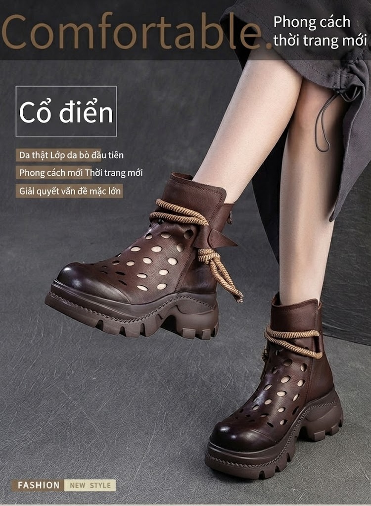 Boot Nữ Cổ Ngắn Họa Tiết Chấm Bi Khoét Lỗ Thời Trang Chiều Cao Đế Khoảng 6cm Màu Đen, Nâu chi tiết 1