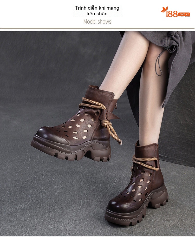 Boot Nữ Cổ Ngắn Họa Tiết Chấm Bi Khoét Lỗ Thời Trang Chiều Cao Đế Khoảng 6cm Màu Đen, Nâu chi tiết 8