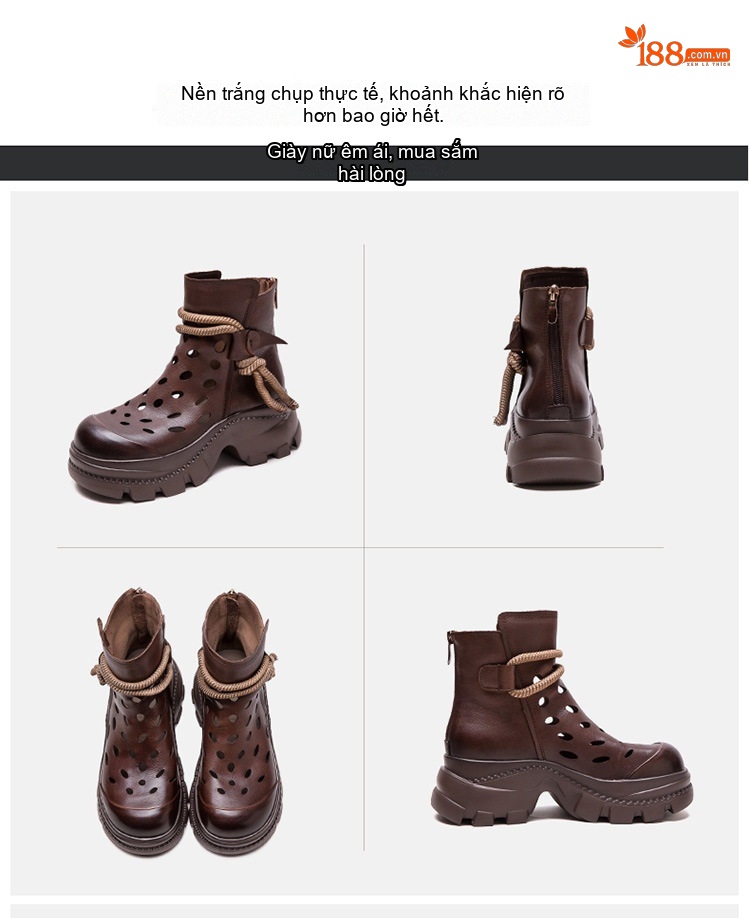 Boot Nữ Cổ Ngắn Họa Tiết Chấm Bi Khoét Lỗ Thời Trang Chiều Cao Đế Khoảng 6cm Màu Đen, Nâu chi tiết 17
