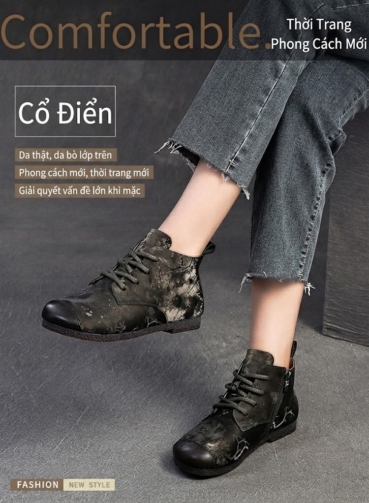 Boot Nữ Cổ Ngắn Khóa Kéo Bên Hông Phong Cách Dân Tộc Chiều Cao Đế Khoảng 2cm Màu Nâu, Đen chi tiết 1