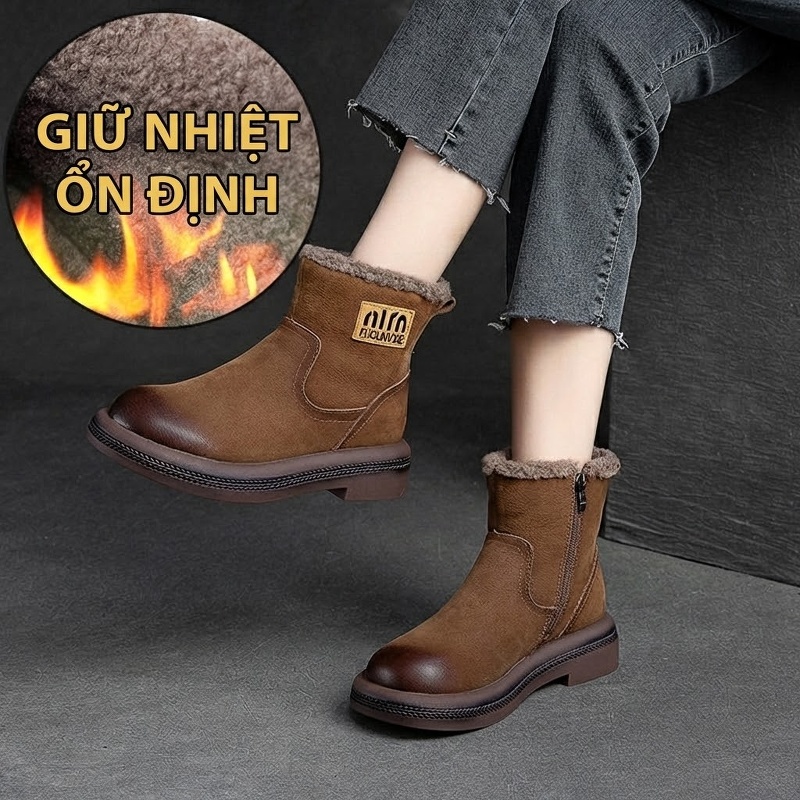 Boot Nữ Cổ Ngắn Lót Lông Ấm Áp Đế Bệt Chiều Cao Đế Khoảng 3cm Màu Nâu