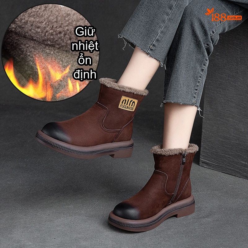 Boot Nữ Cổ Ngắn Lót Lông Ấm Áp Đế Bệt Chiều Cao Đế Khoảng 3cm Màu Nâu