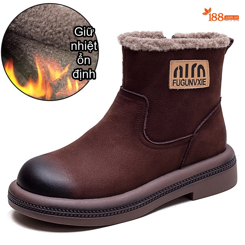 Boot Nữ Cổ Ngắn Lót Lông Ấm Áp Đế Bệt Chiều Cao Đế Khoảng 3cm Màu Nâu