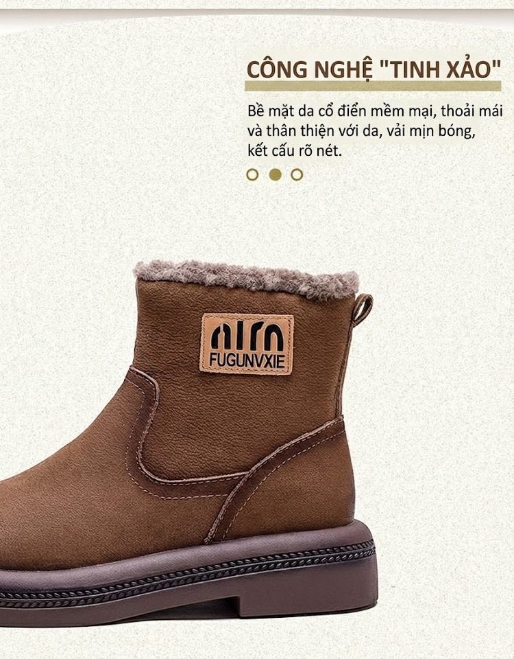 Boot Nữ Cổ Ngắn Lót Lông Ấm Áp Đế Bệt Chiều Cao Đế Khoảng 3cm Màu Nâu chi tiết 3