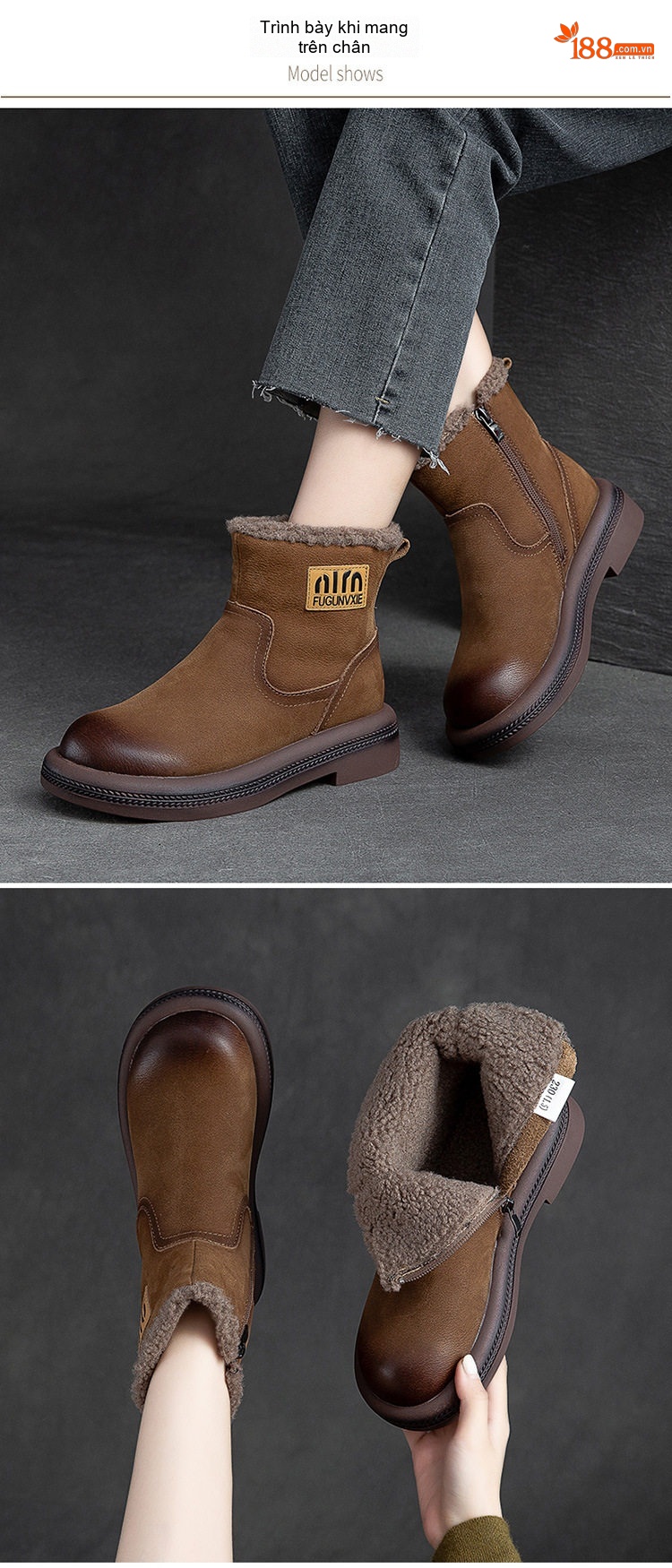 Boot Nữ Cổ Ngắn Lót Lông Ấm Áp Đế Bệt Chiều Cao Đế Khoảng 3cm Màu Nâu chi tiết 8