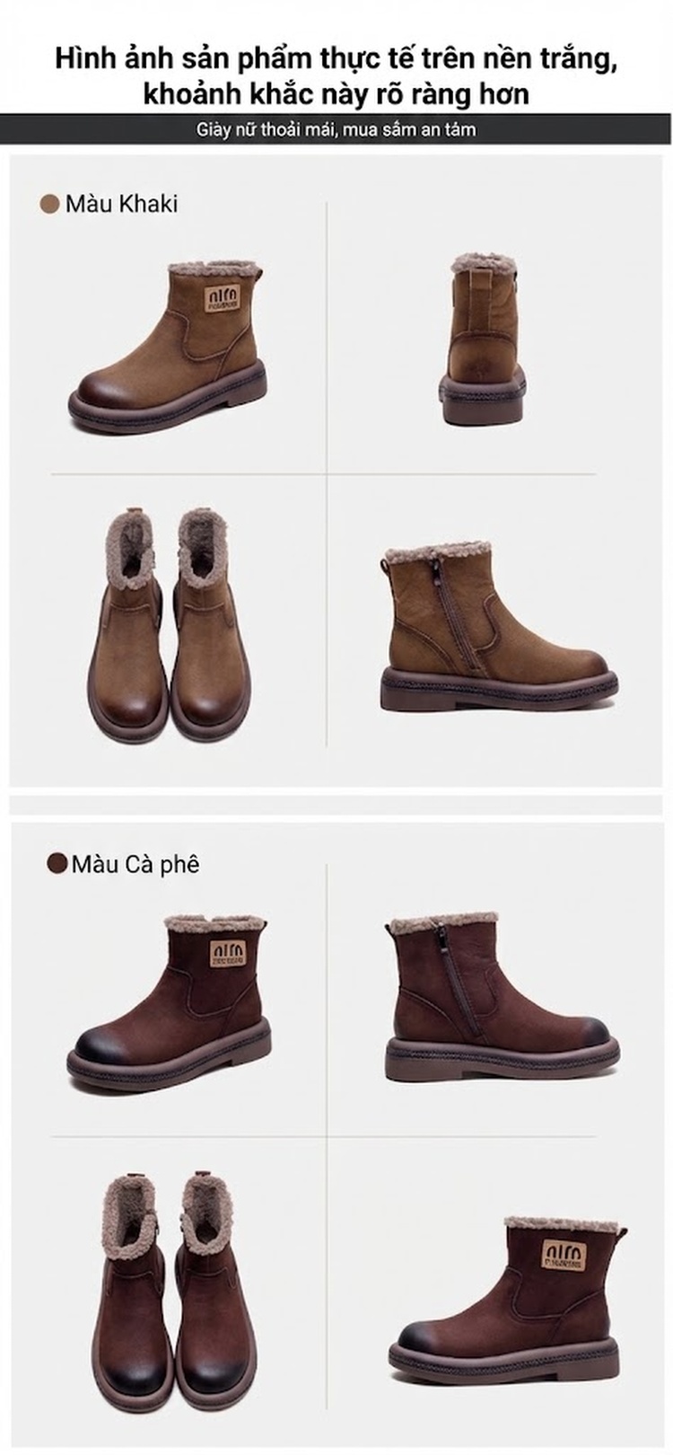 Boot Nữ Cổ Ngắn Lót Lông Ấm Áp Đế Bệt Chiều Cao Đế Khoảng 3cm Màu Nâu chi tiết 15