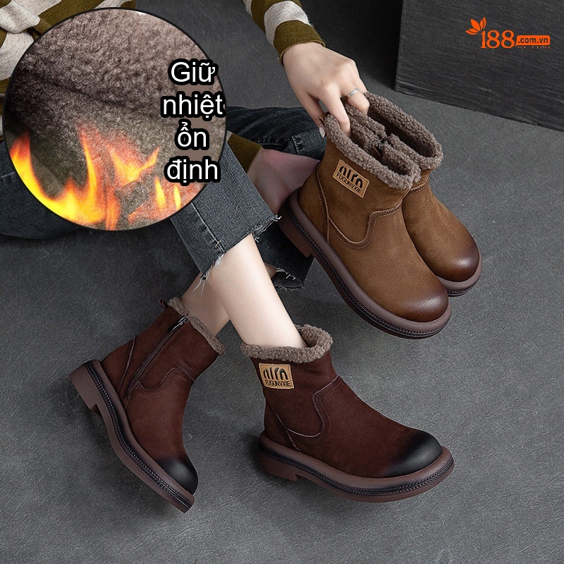 Boot Nữ Cổ Ngắn Lót Lông Ấm Áp Đế Bệt Chiều Cao Đế Khoảng 3cm Màu Nâu