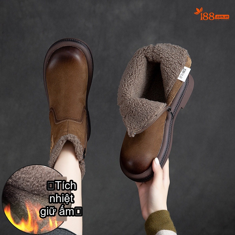 Boot Nữ Cổ Ngắn Lót Lông Ấm Áp Đế Bệt Chiều Cao Đế Khoảng 3cm Màu Nâu