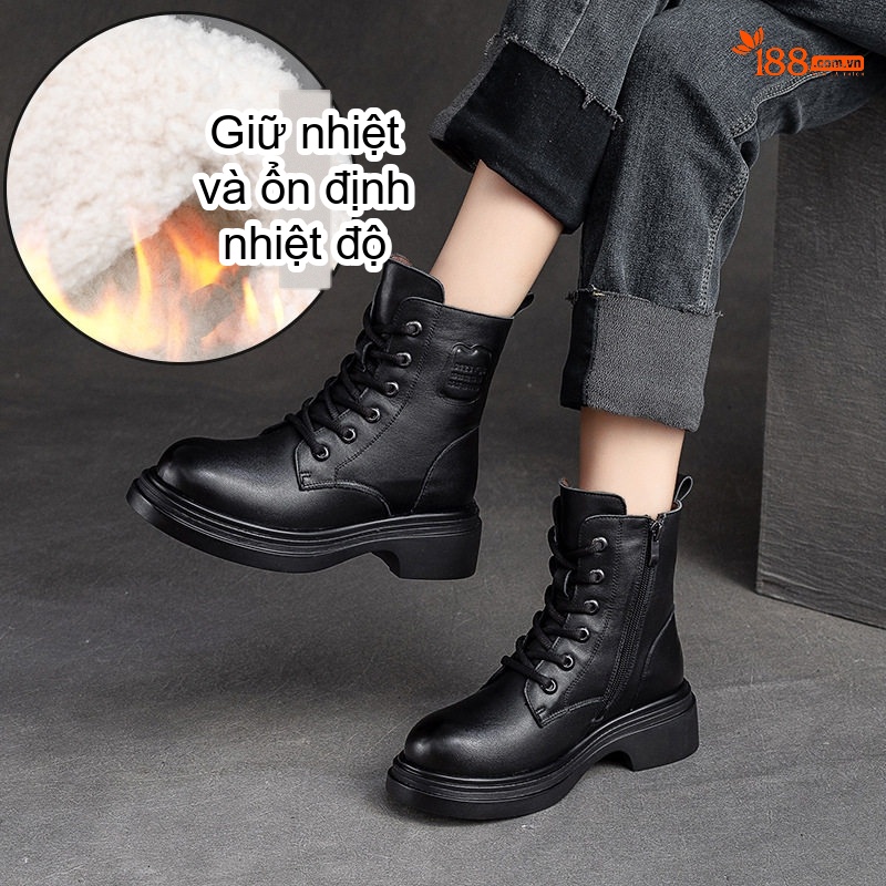 Boot Nữ Cổ Ngắn Lót Lông Cừu Giữ Ấm Chiều Cao Đế Khoảng 4cm Phong Cách Anh Quốc Màu Đen, Nâu