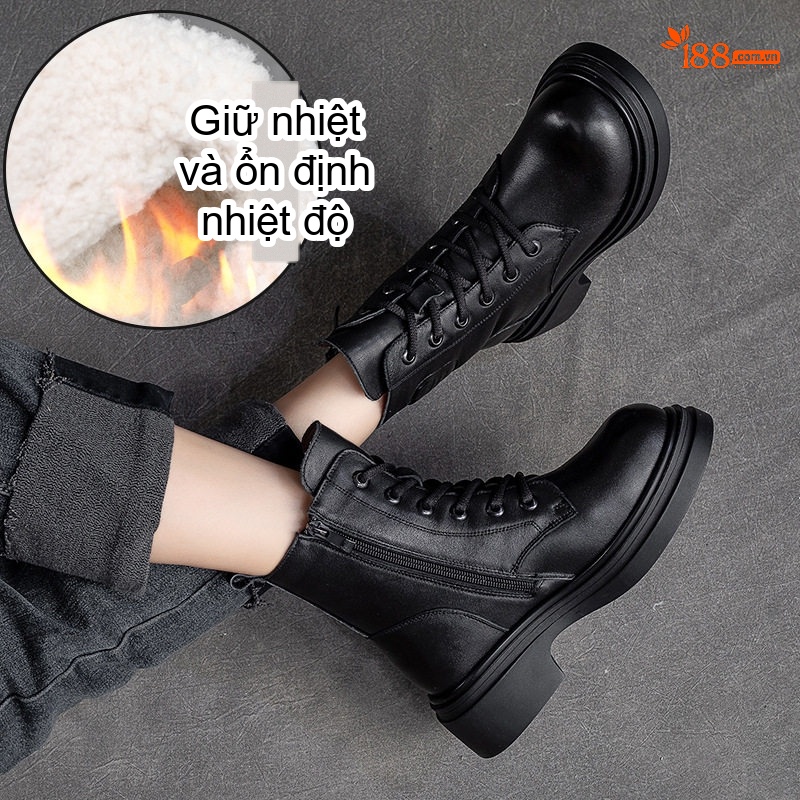 Boot Nữ Cổ Ngắn Lót Lông Cừu Giữ Ấm Chiều Cao Đế Khoảng 4cm Phong Cách Anh Quốc Màu Đen, Nâu