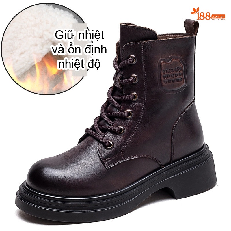 Boot Nữ Cổ Ngắn Lót Lông Cừu Giữ Ấm Chiều Cao Đế Khoảng 4cm Phong Cách Anh Quốc Màu Đen, Nâu