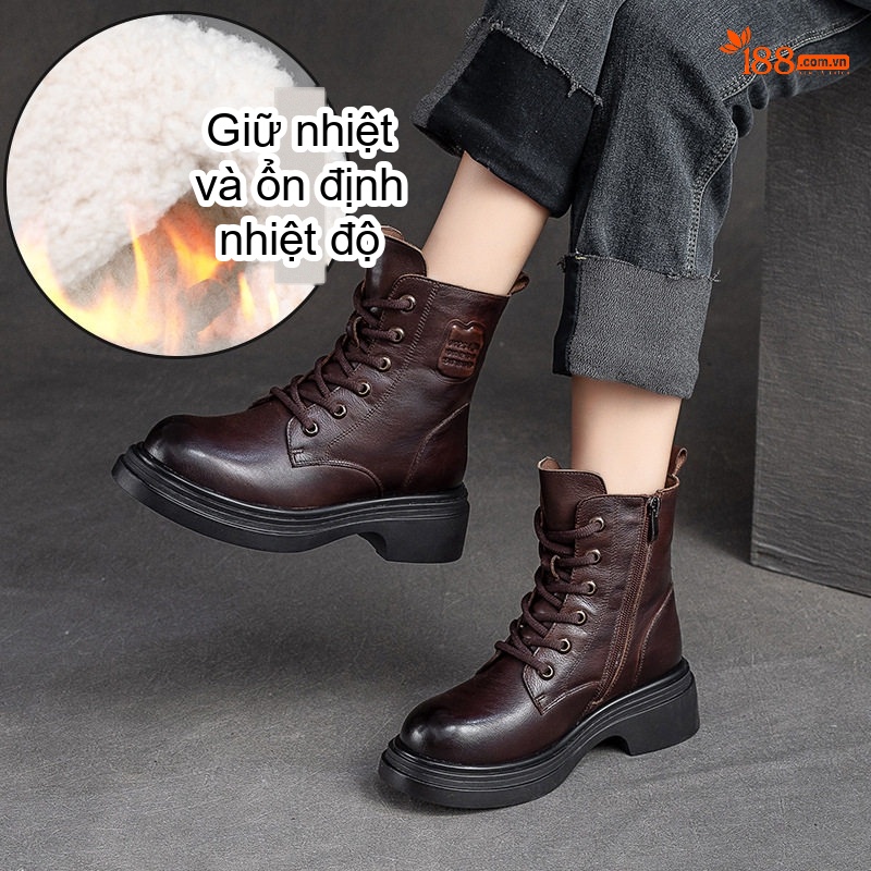 Boot Nữ Cổ Ngắn Lót Lông Cừu Giữ Ấm Chiều Cao Đế Khoảng 4cm Phong Cách Anh Quốc Màu Đen, Nâu