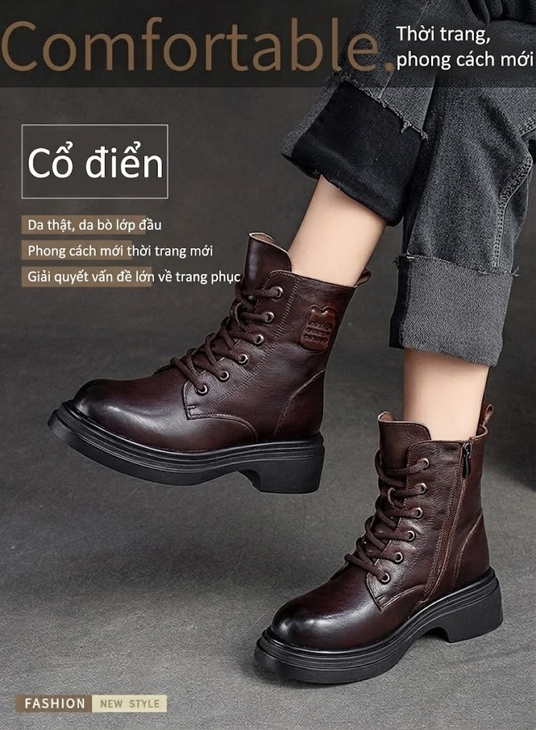 Boot Nữ Cổ Ngắn Lót Lông Cừu Giữ Ấm Chiều Cao Đế Khoảng 4cm Phong Cách Anh Quốc Màu Đen, Nâu chi tiết 2