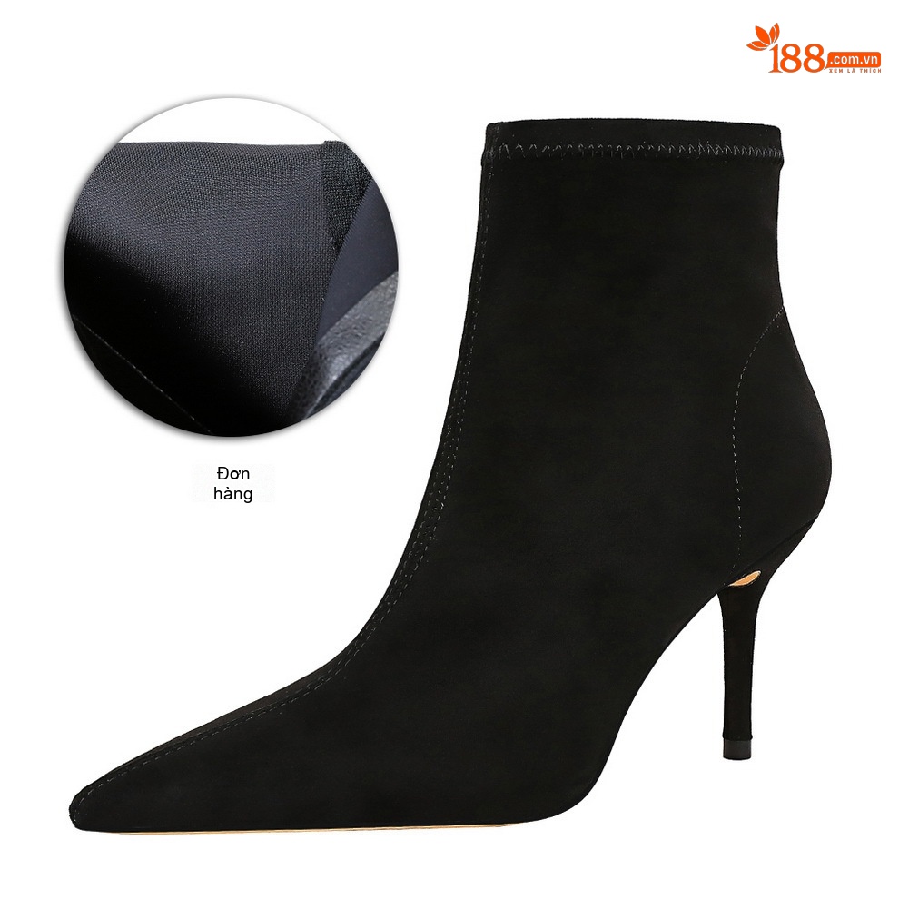 Boot Nữ Cổ Ngắn Nỉ Gót Nhọn Chiều Cao Đế Khoảng 7cm Màu Đen