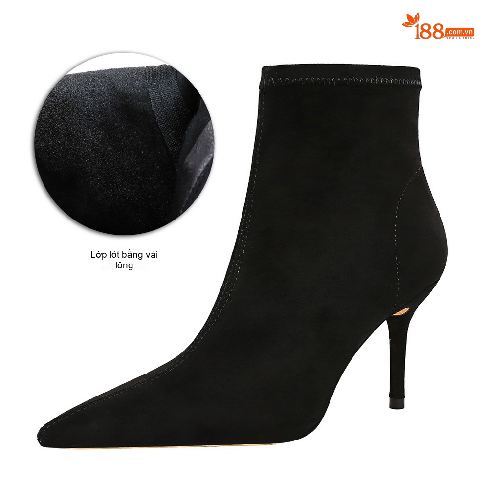Boot Nữ Cổ Ngắn Nỉ Gót Nhọn Chiều Cao Đế Khoảng 7cm Màu Đen