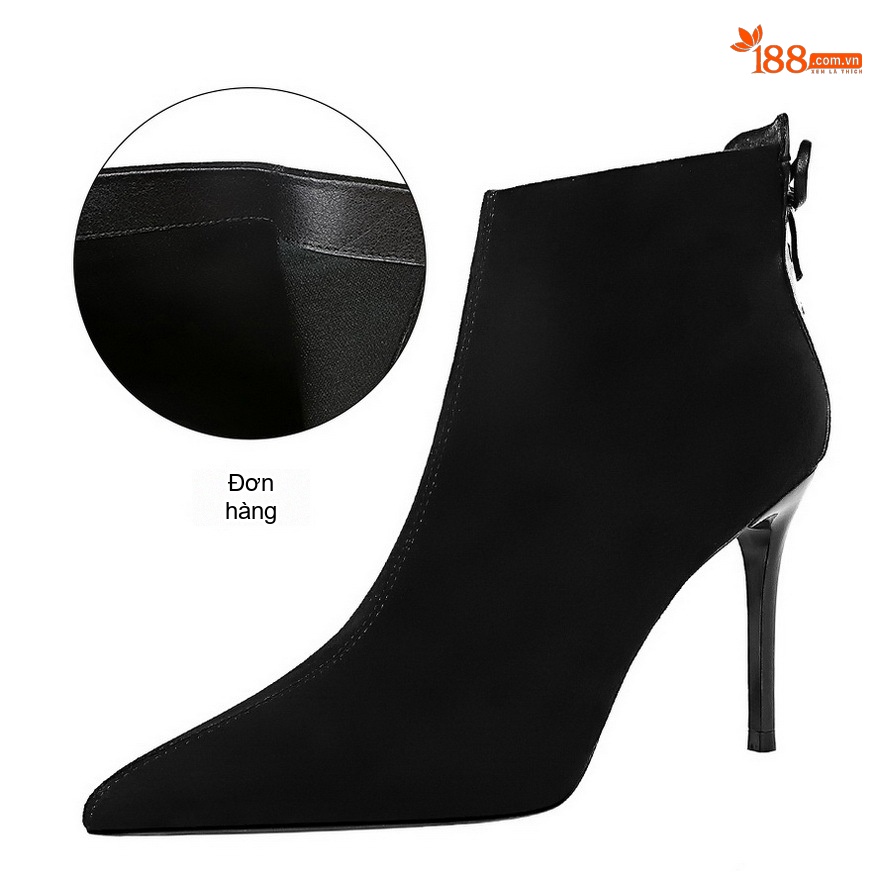 Boot Nữ Cổ Ngắn Nỉ Gót Nhọn Quai Hậu Thời Trang Chiều Cao Đế Khoảng 8cm Màu Đen