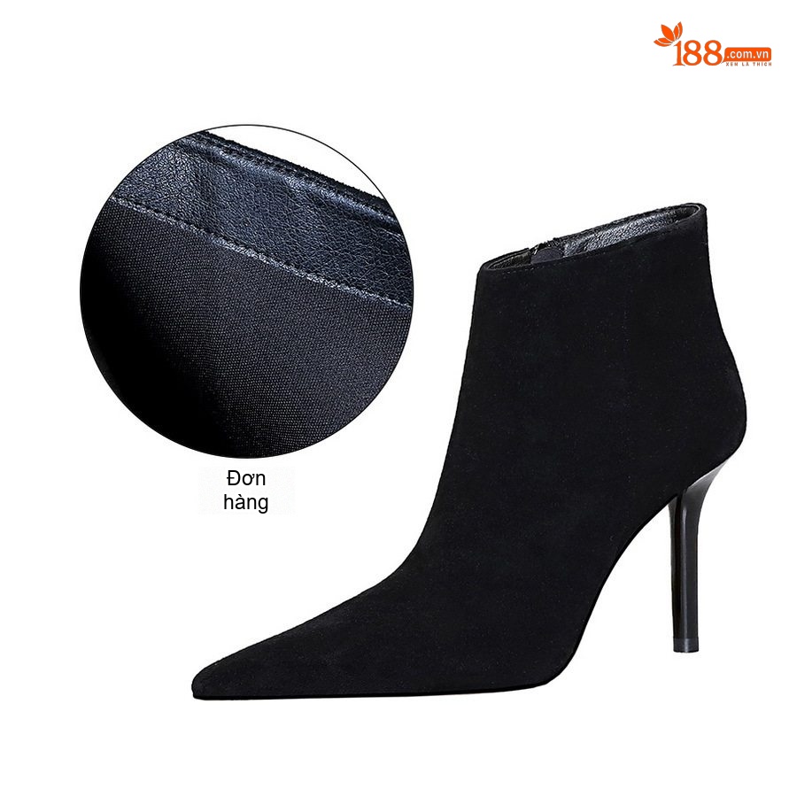 Boot Nữ Cổ Ngắn Nỉ Gót Nhọn Siêu Cao Gót Chiều Cao Đế Khoảng 8cm Khóa Bên Màu Đen