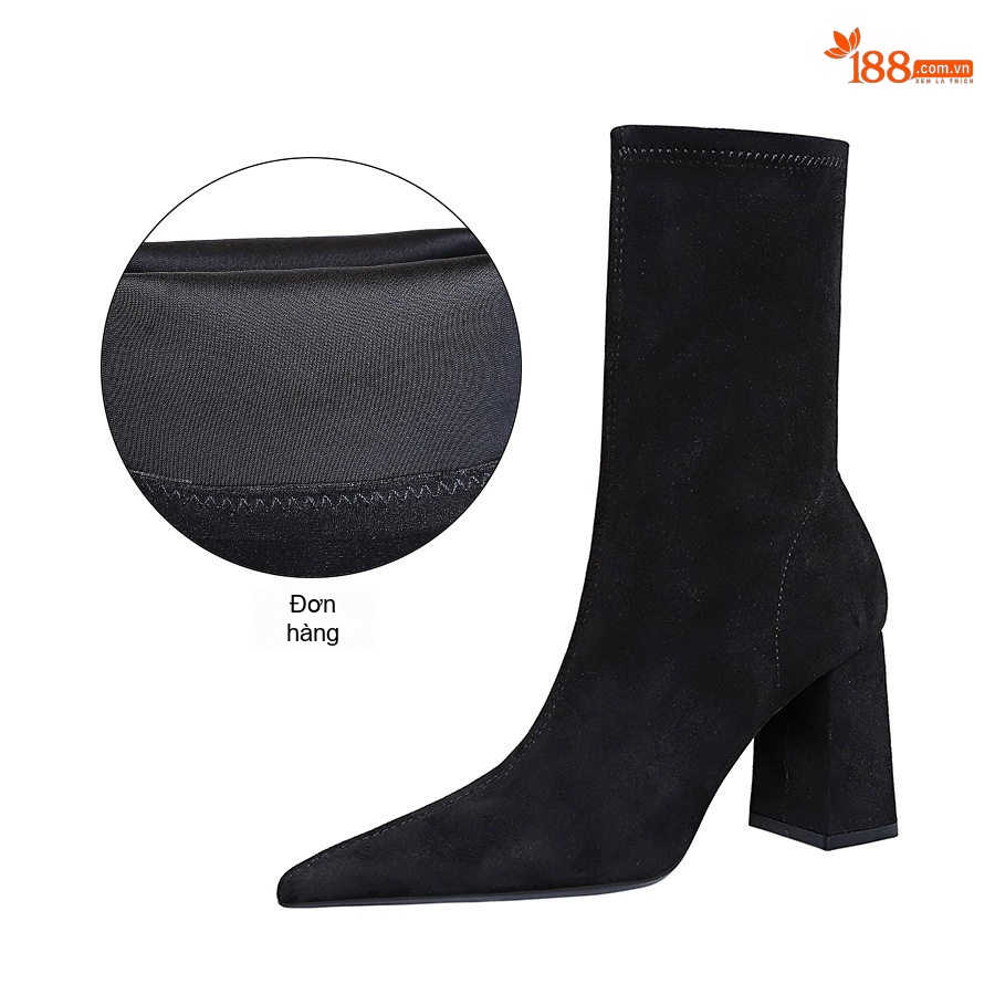 Boot Nữ Cổ Ngắn Nỉ Gót Vuông Chiều Cao Đế Khoảng 7cm Màu Đen