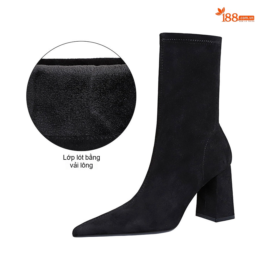 Boot Nữ Cổ Ngắn Nỉ Gót Vuông Chiều Cao Đế Khoảng 7cm Màu Đen