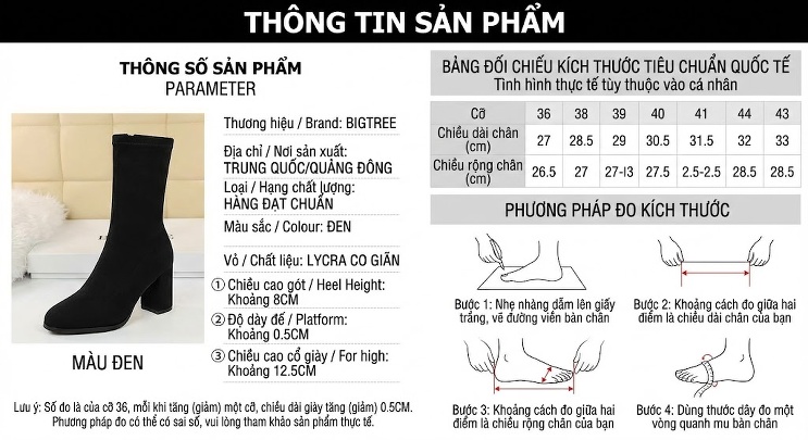 Boot Nữ Cổ Ngắn Ôm Chân Vải Lycra Co Giãn Gót Nhọn Chiều Cao Đế Khoảng 8cm Màu Đen chi tiết 1