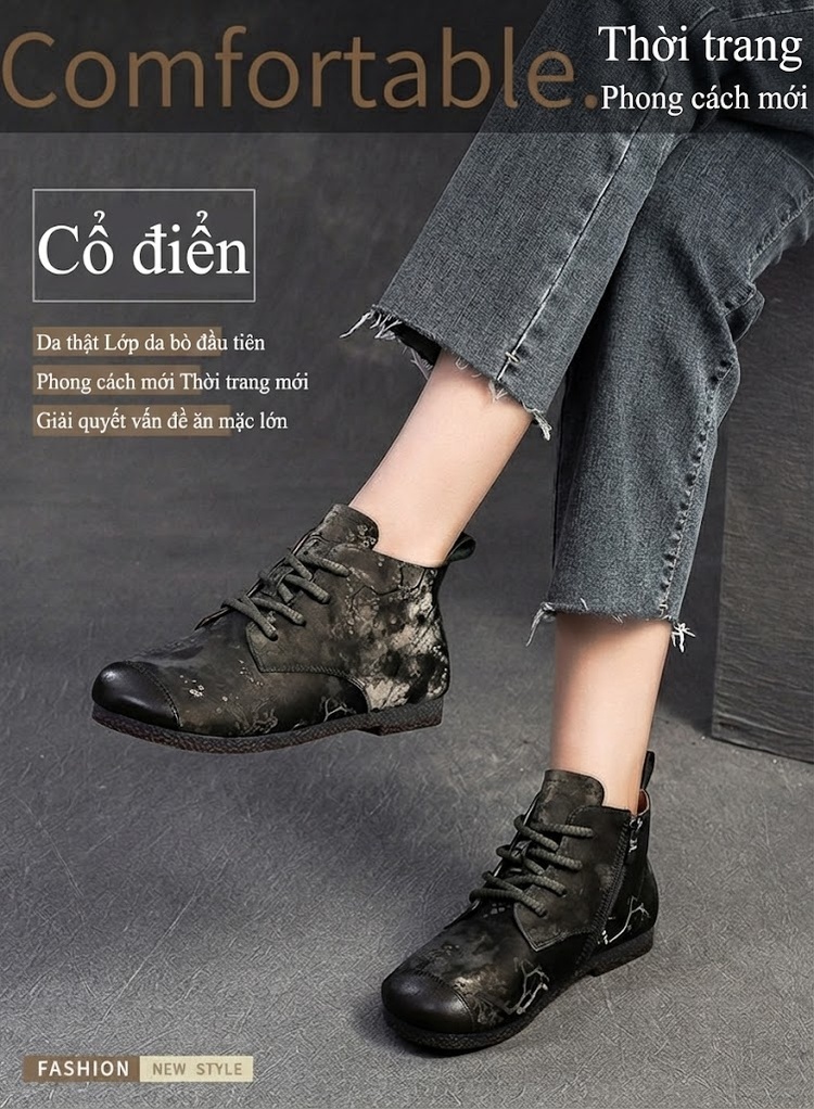 Boot Nữ Cổ Ngắn Phong Cách Retro Vải Lụa Chiều Cao Đế Khoảng 2cm Màu Nâu, Đen chi tiết 1