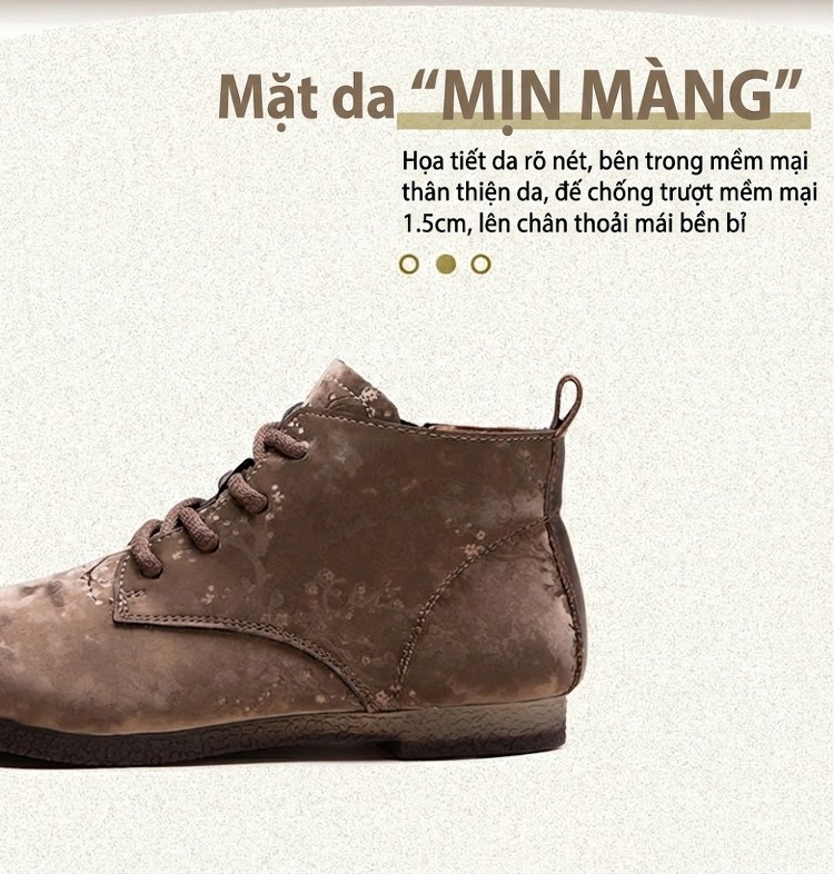 Boot Nữ Cổ Ngắn Phong Cách Retro Vải Lụa Chiều Cao Đế Khoảng 2cm Màu Nâu, Đen chi tiết 2