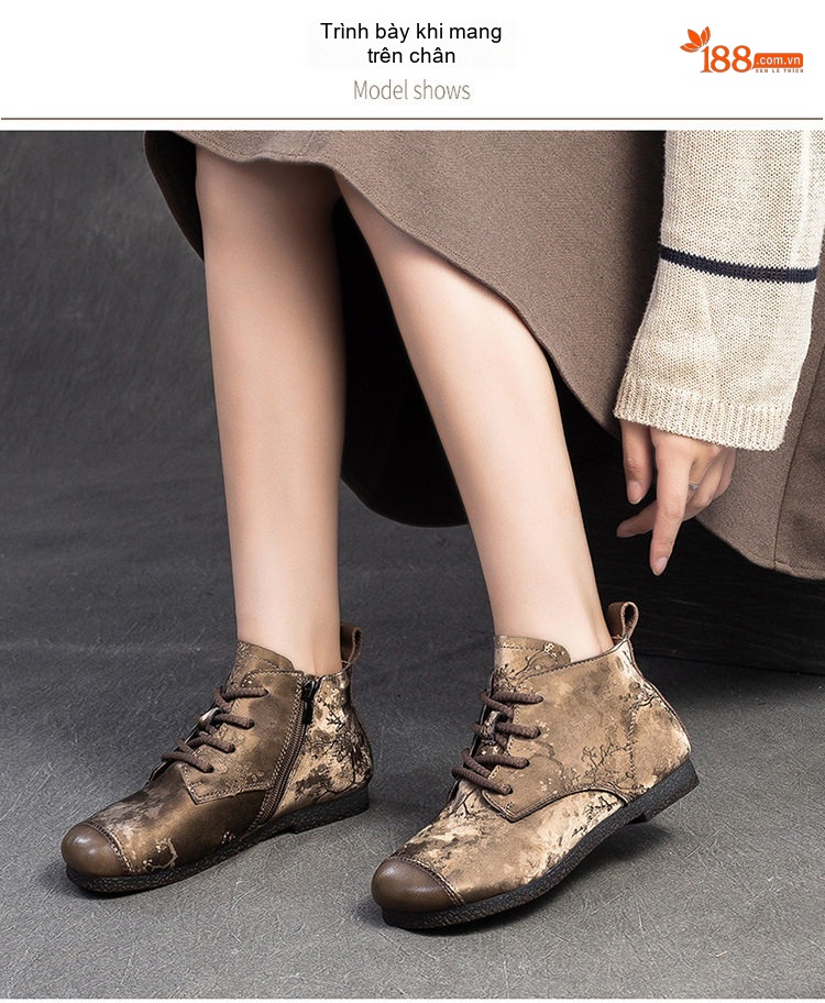 Boot Nữ Cổ Ngắn Phong Cách Retro Vải Lụa Chiều Cao Đế Khoảng 2cm Màu Nâu, Đen chi tiết 7
