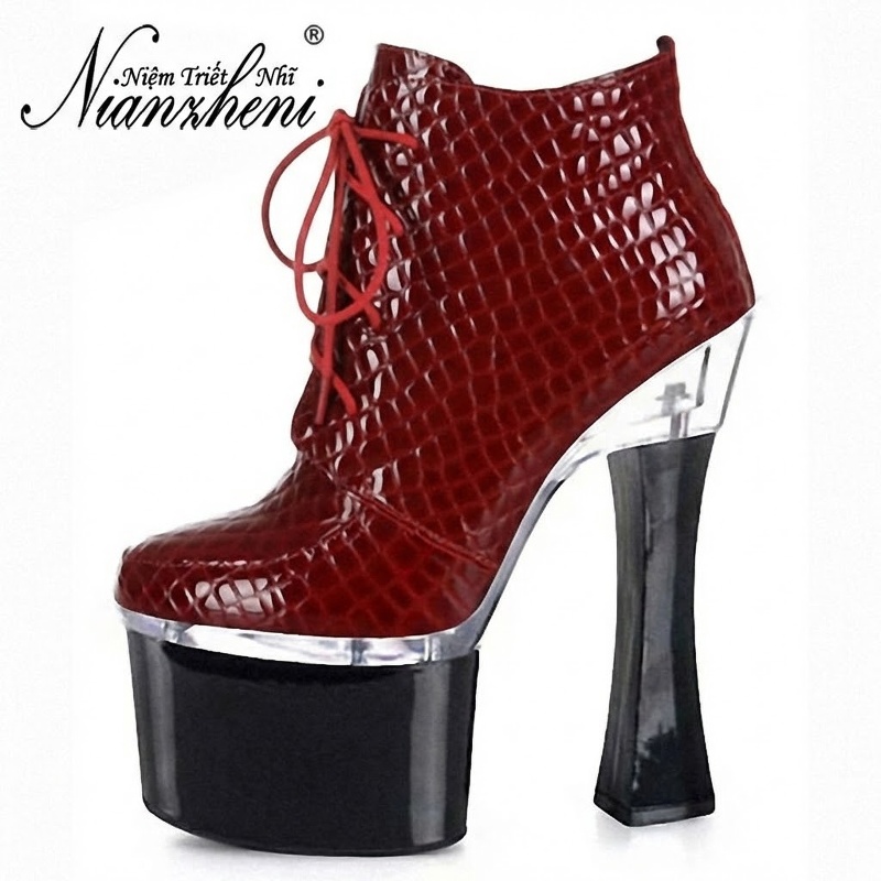 Boot Nữ Cổ Ngắn Siêu Cao Gót 18cm, Giày Cao Gót Nữ Buộc Dây Phong Cách Thời Trang Màu Đen, Đỏ