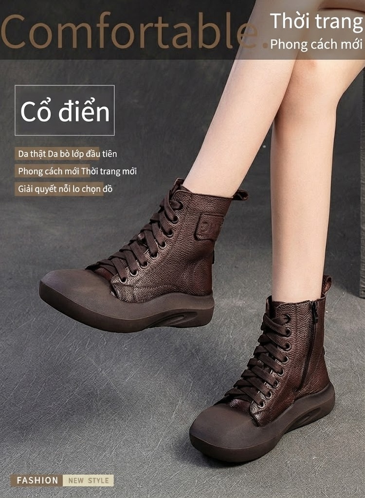 Boot Nữ Cổ Ngắn Thiết Kế Retro Anh Quốc Da Mờ Chiều Cao Đế Khoảng 4cm Màu Đen, Nâu chi tiết 2