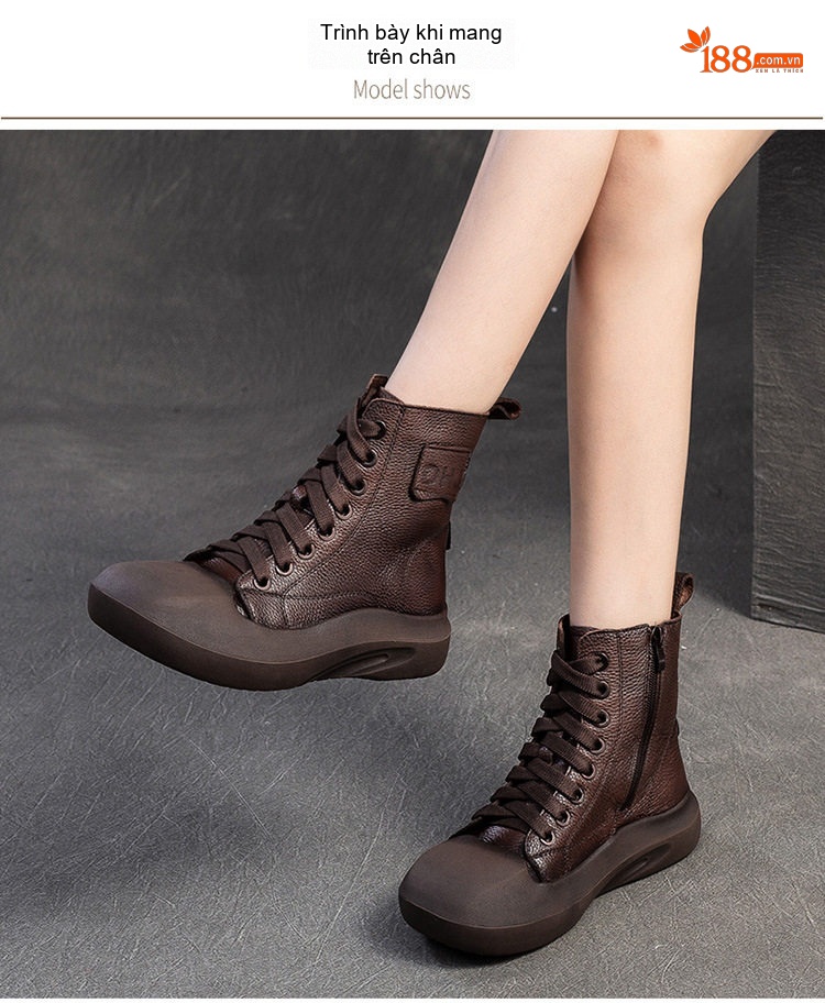 Boot Nữ Cổ Ngắn Thiết Kế Retro Anh Quốc Da Mờ Chiều Cao Đế Khoảng 4cm Màu Đen, Nâu chi tiết 9