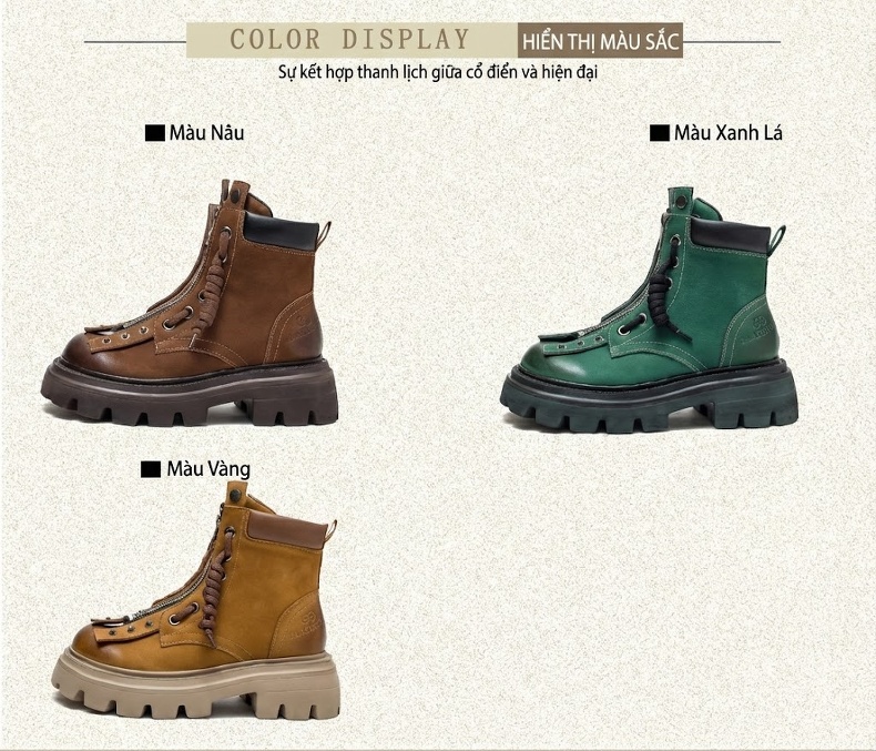 Boot Nữ Cổ Ngắn Thiết Kế Retro Hai Kiểu Mang Chiều Cao Đế Khoảng 5cm Màu Nâu Đậm, Vàng Be, Xanh Lá chi tiết 2