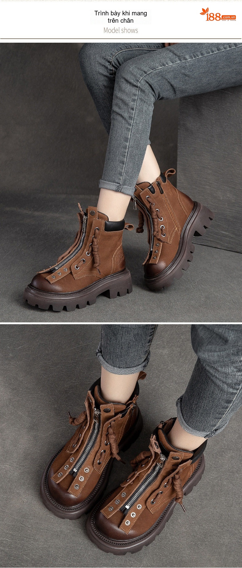 Boot Nữ Cổ Ngắn Thiết Kế Retro Hai Kiểu Mang Chiều Cao Đế Khoảng 5cm Màu Nâu Đậm, Vàng Be, Xanh Lá chi tiết 8