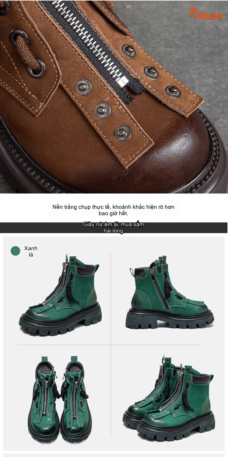 Boot Nữ Cổ Ngắn Thiết Kế Retro Hai Kiểu Mang Chiều Cao Đế Khoảng 5cm Màu Nâu Đậm, Vàng Be, Xanh Lá chi tiết 15